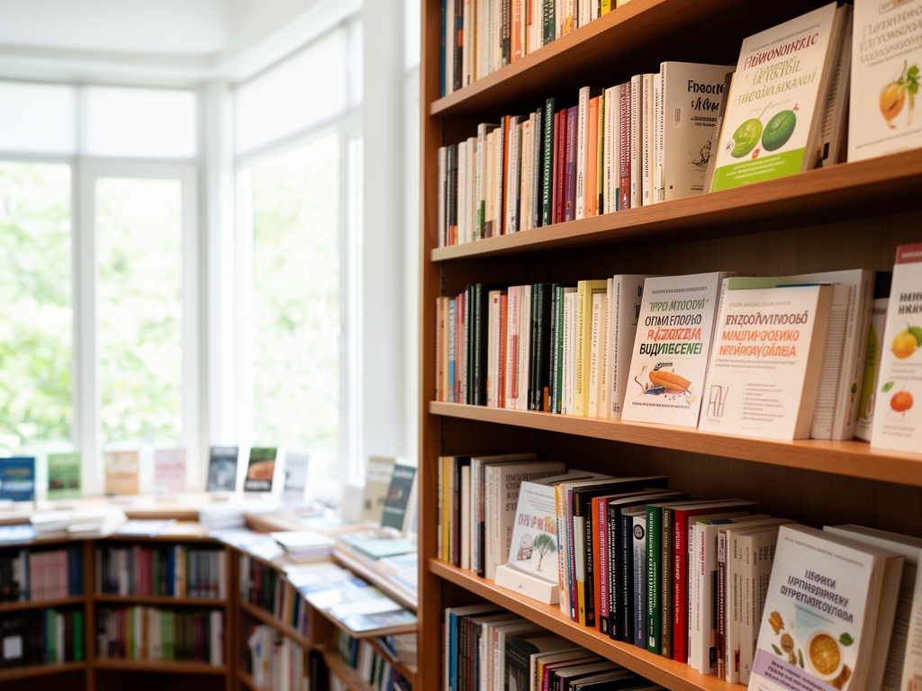 Мирна читаоница са природним светлом које пада кроз велике прозоре на полице препуне књига, бележница и нутритивних приручника, ствара атмосферу истраживачког рада и знања