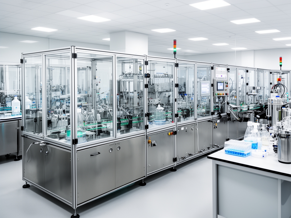 Чиста лабораторијска просторија са стаклено-металном опремом за анализу, аутоматски систем за контролу квалитета без људи, стерилна производна линија у индустријском окружењу